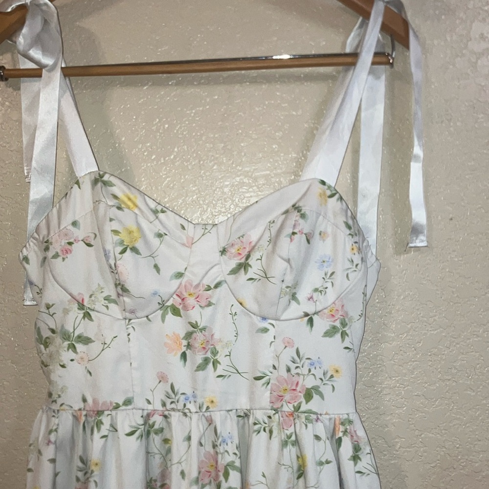 Floral White Dress with Ribbon Straps